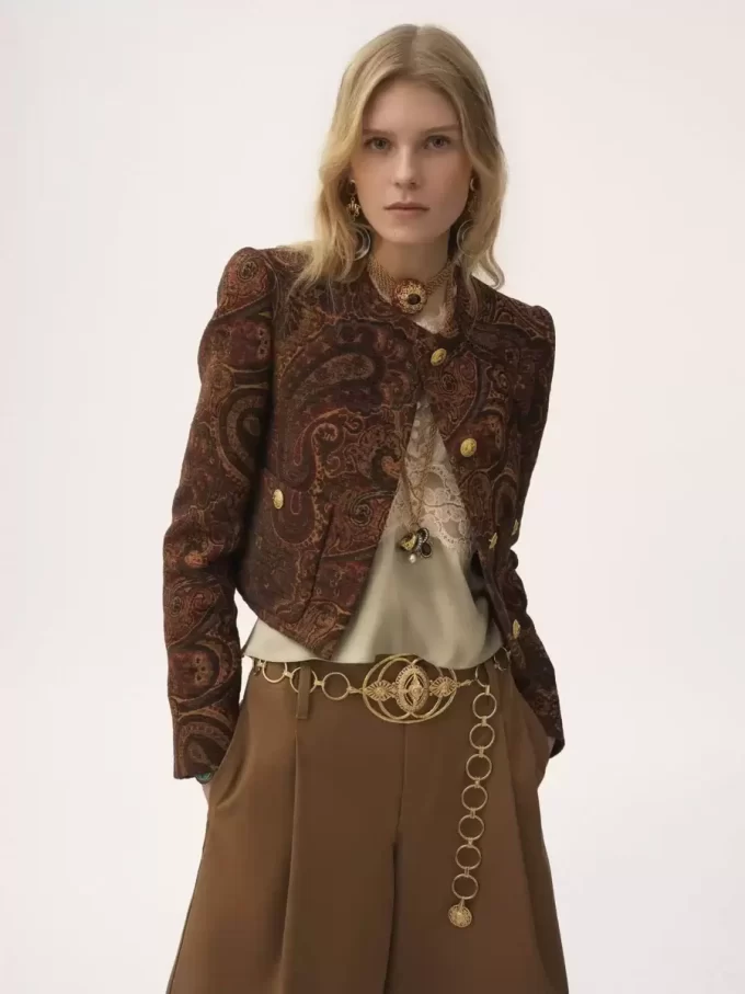 Boxy collarless jacket in tapestry jacquard