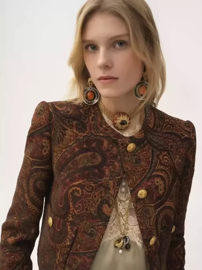 Boxy collarless jacket in tapestry jacquard