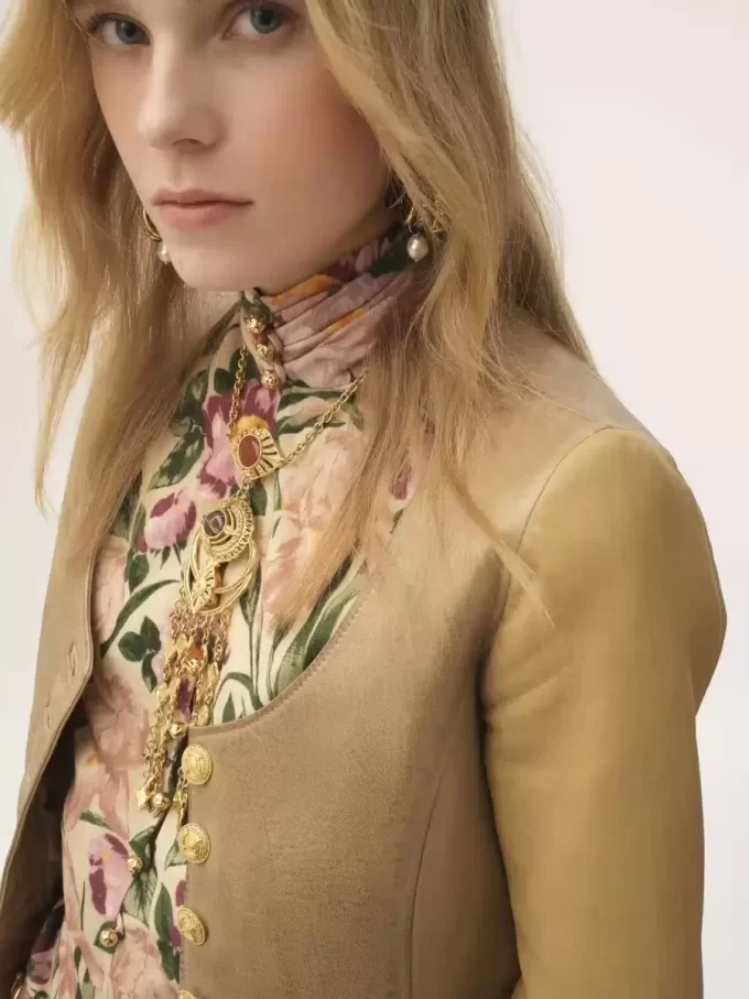 Buttoned mock-neck top in wool jersey