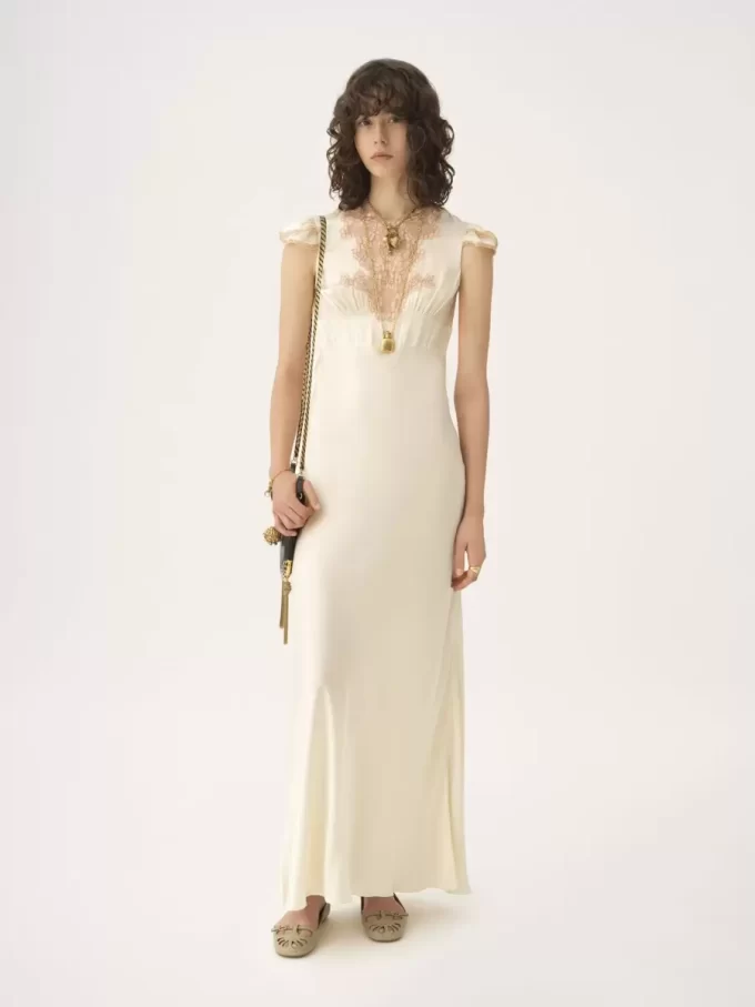 Cap-sleeve column dress in washed silk satin & lace