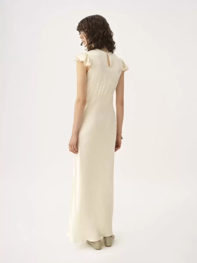 Cap-sleeve column dress in washed silk satin & lace