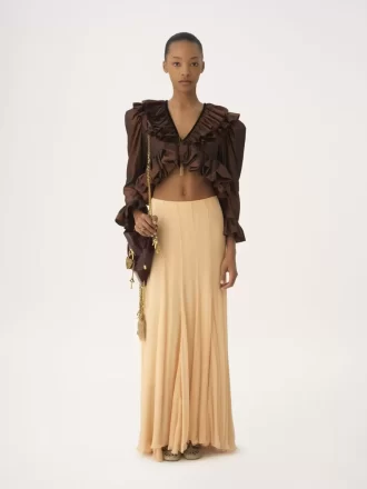 Cropped V-neck ruffle top in washed silk taffeta