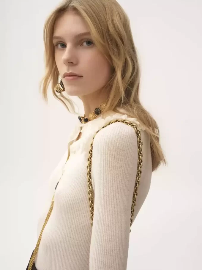 Collared Henley shirt in superfine wool knit & lace