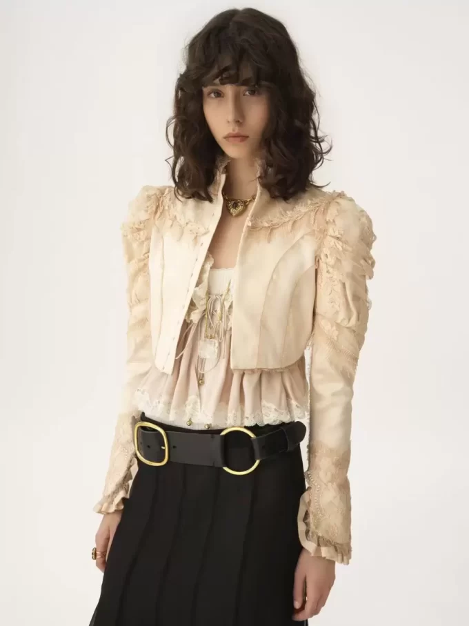 Cropped fitted jacket in silk duchess satin & lace