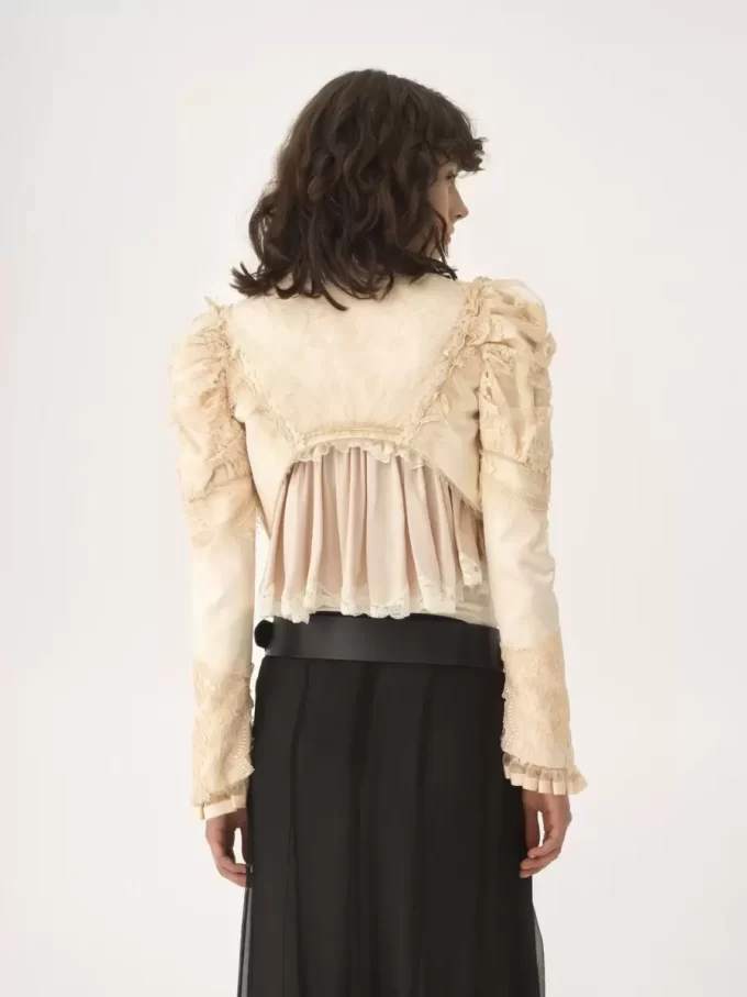 Cropped fitted jacket in silk duchess satin & lace