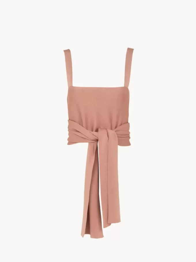 Cropped front-tie tank top in shiny viscose knit