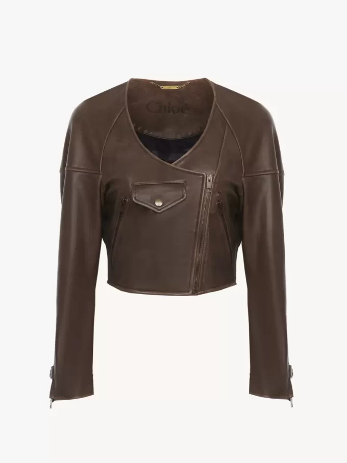 Cropped scoop-neck jacket in leather