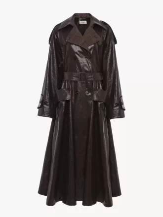 Double-breasted long riding coat in coated linen