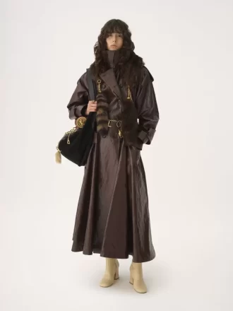Double-breasted long riding coat in coated linen