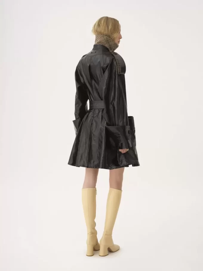 Double-breasted short riding coat in coated linen
