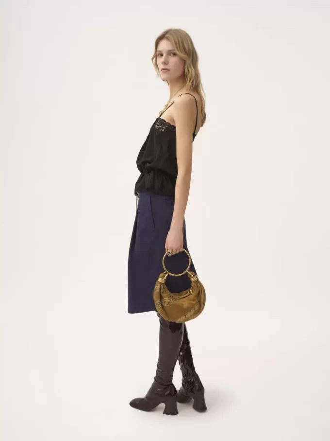 Drawstring camisole top in silk jacquard & lace