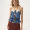 Drawstring camisole top in silk jacquard & lace