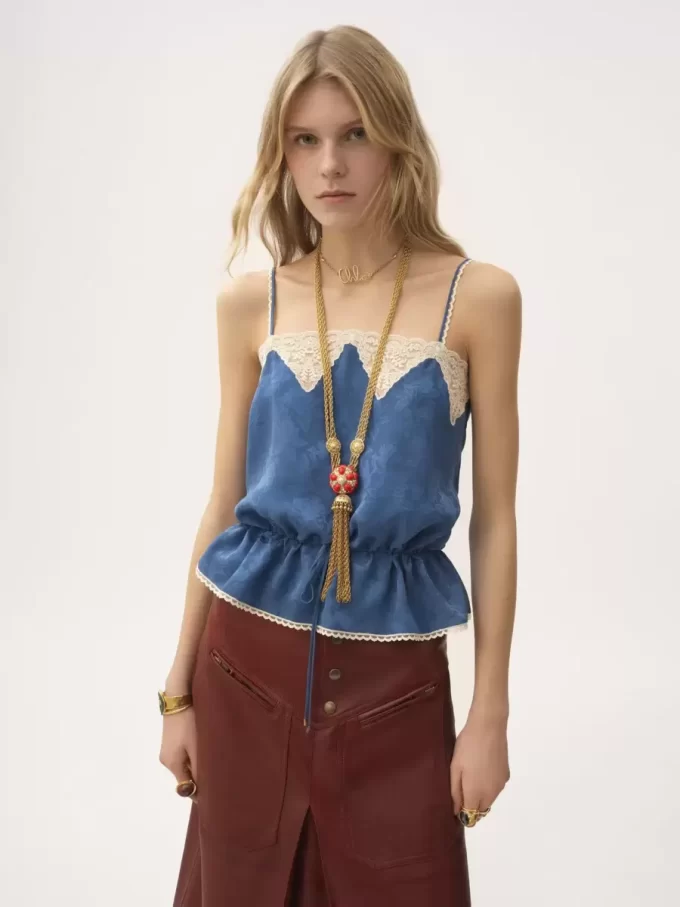 Drawstring camisole top in silk jacquard & lace
