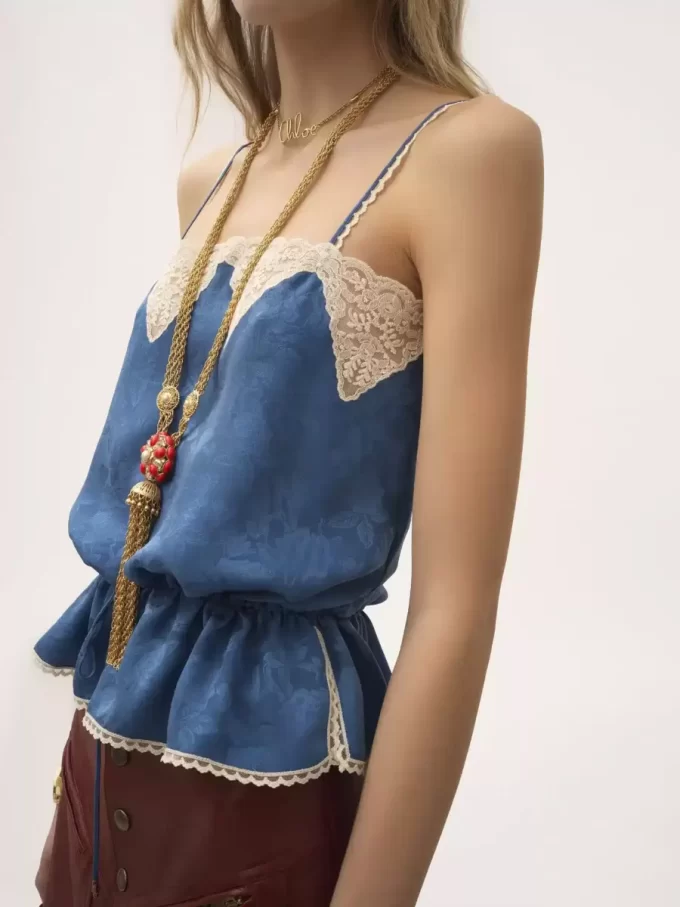 Drawstring camisole top in silk jacquard & lace