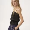 Drawstring camisole top in silk jacquard & lace