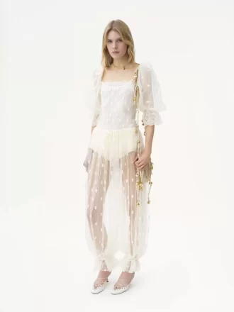 Drawstring pants in embroidered lace