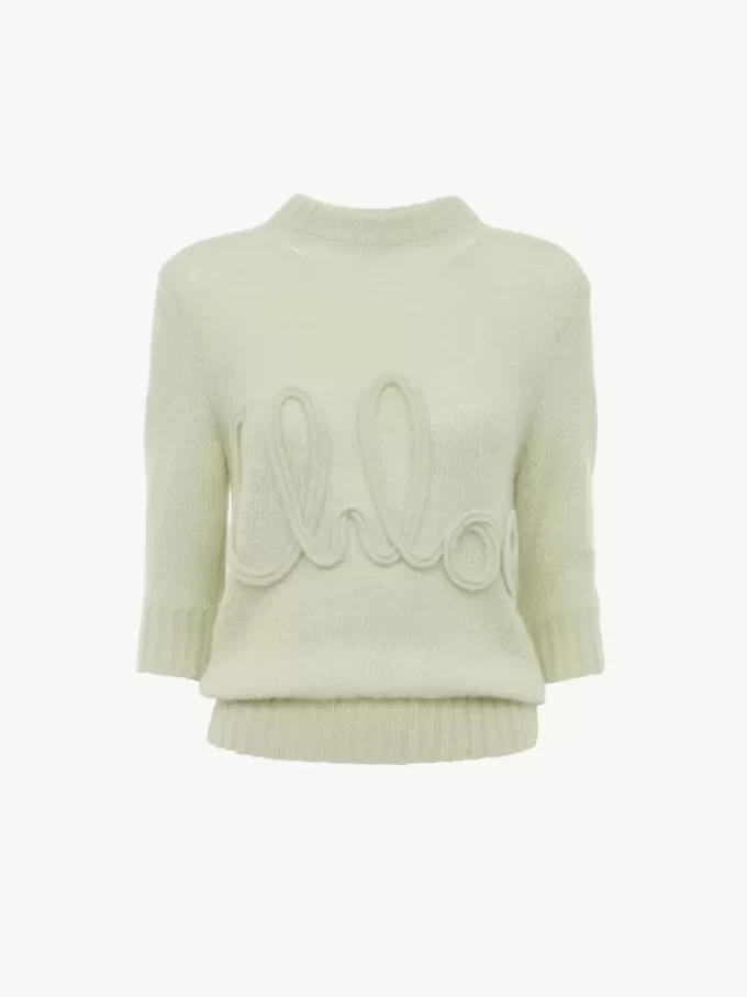 Elbow-sleeve logo sweater in alpaca wool & silk knit