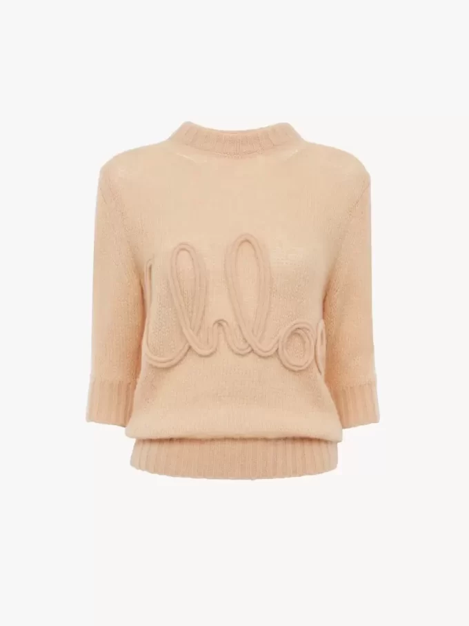 Elbow-sleeve logo sweater in alpaca wool & silk knit
