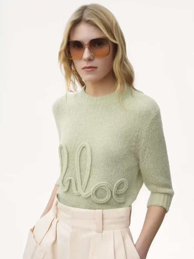 Elbow-sleeve logo sweater in alpaca wool & silk knit