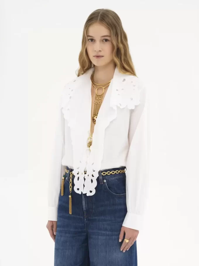 Embroidered lavallière shirt in cotton poplin
