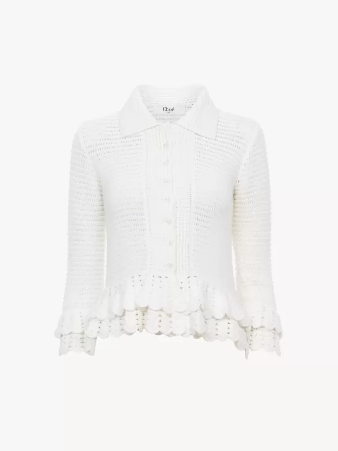 Fitted ruffled cardigan in crochet knit