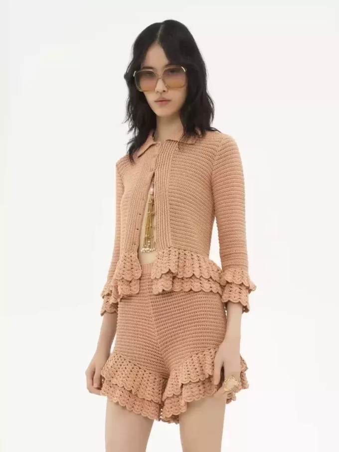 Fitted ruffled cardigan in crochet knit