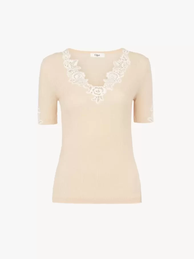 Fitted short-sleeve top in guipure lace wool knit