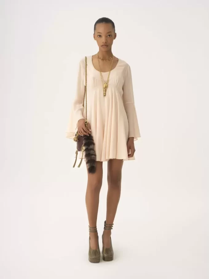 Flared mini dress in silk georgette