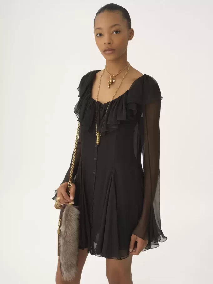 Flared mini dress in silk mousseline