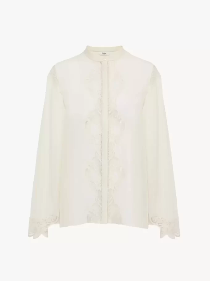 Fluid blouse in silk georgette & lace