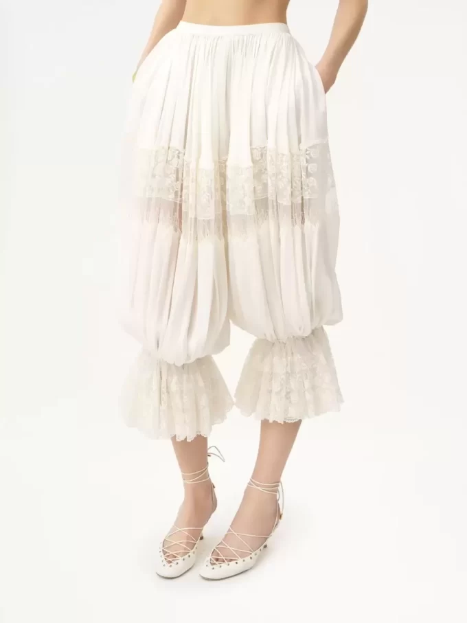 Fluid cropped pants in silk charmeuse & lace