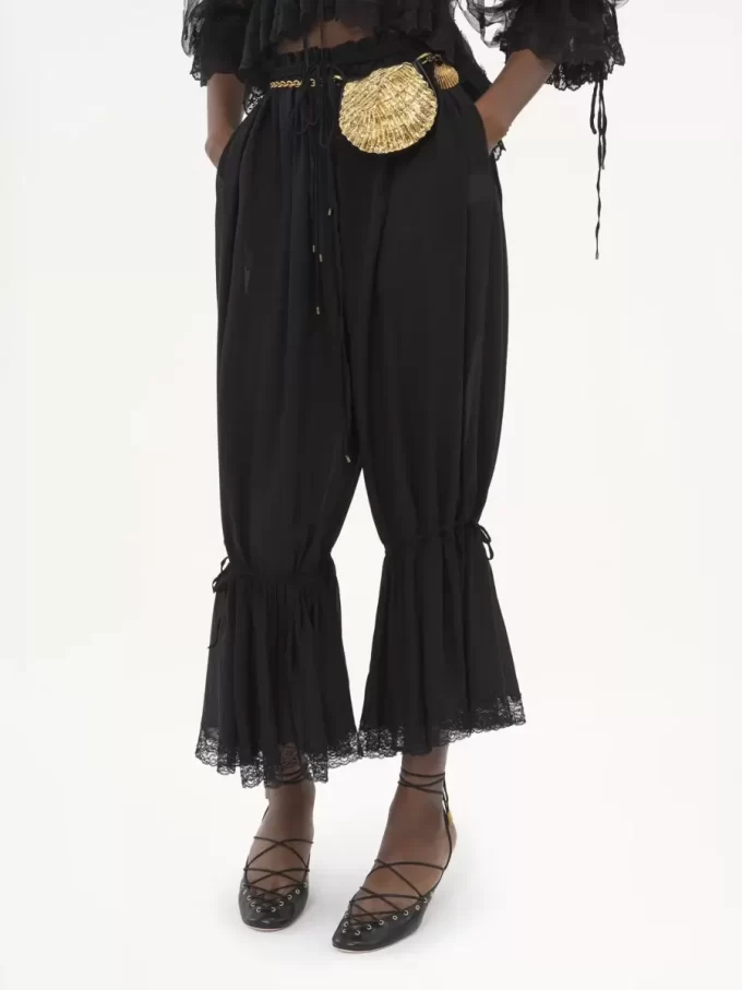 Fluid cropped pants in silk charmeuse & lace