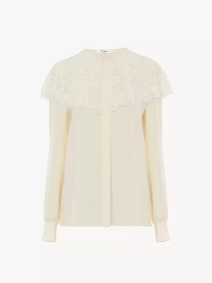 Gathered blouse in crêpe de chine & lace