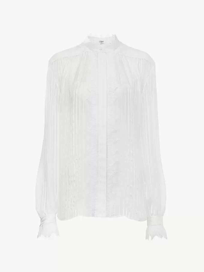 Gathered blouse in silk mousseline & lace