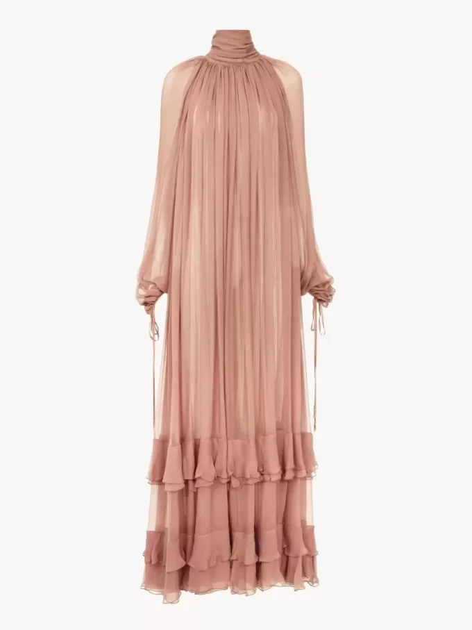 Gathered long dress in silk mousseline Gathered long dress in silk mousseline