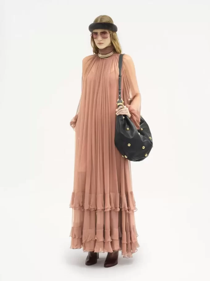 Gathered long dress in silk mousseline Gathered long dress in silk mousseline