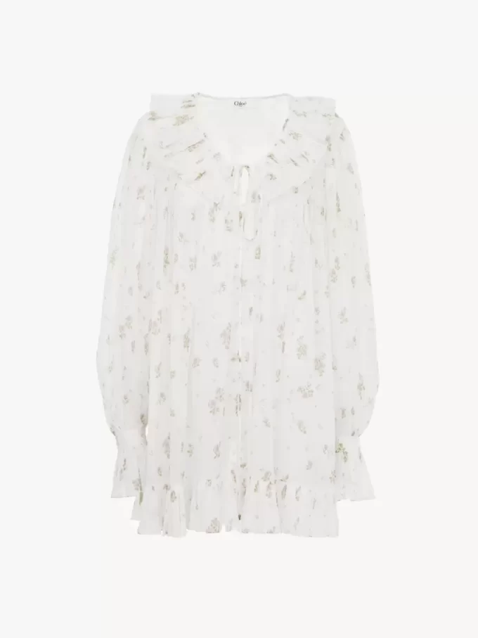 Gathered long-sleeve mini dress in cotton voile