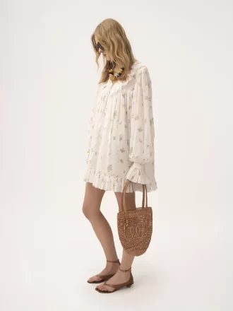 Gathered long-sleeve mini dress in cotton voile