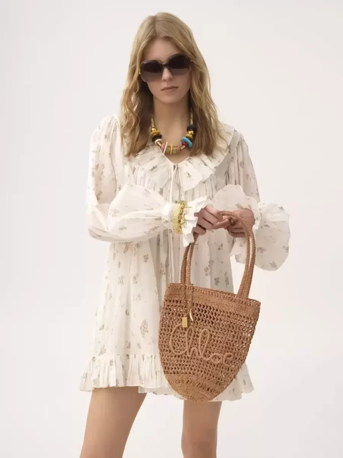 Gathered long-sleeve mini dress in cotton voile