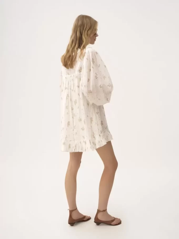 Gathered long-sleeve mini dress in cotton voile