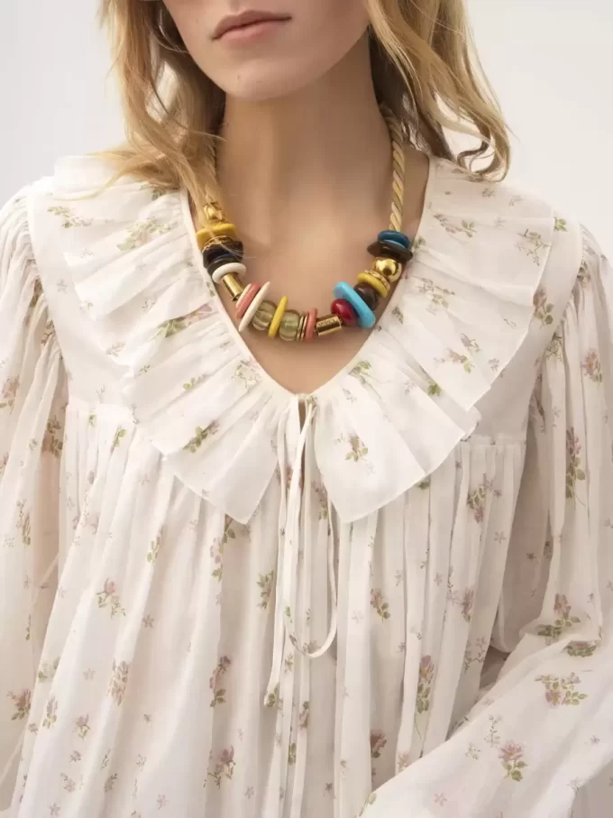 Gathered long-sleeve mini dress in cotton voile