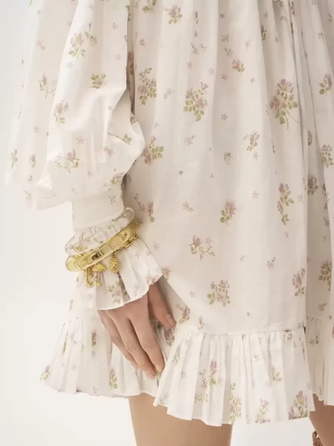 Gathered long-sleeve mini dress in cotton voile