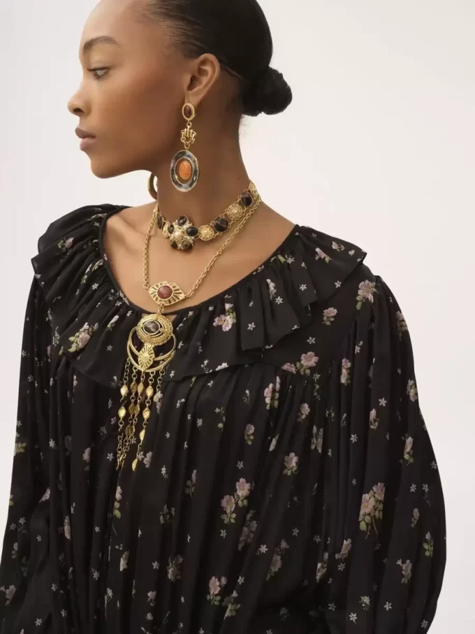 Gathered long-sleeve mini dress in silk charmeuse