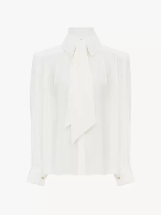 Gathered scarf-tie blouse in crêpe de chine & lace