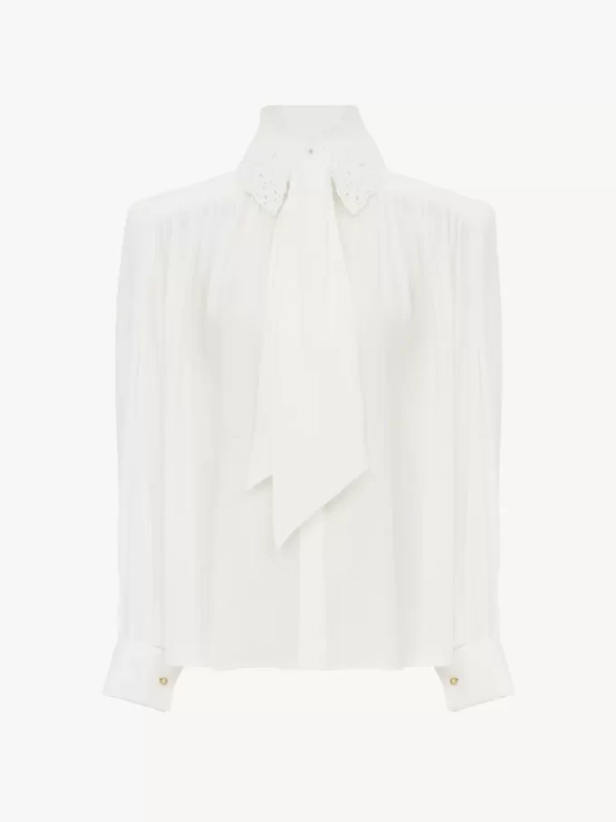 Gathered scarf-tie blouse in crêpe de chine & lace