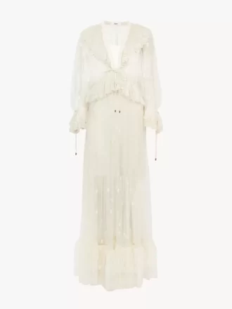 Gathered V-neck long dress in embroidered lace