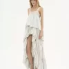 High-low ruffled dress in silk habotai & lace