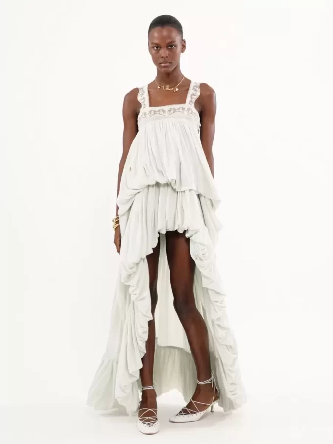 High-low ruffled dress in silk habotai & lace