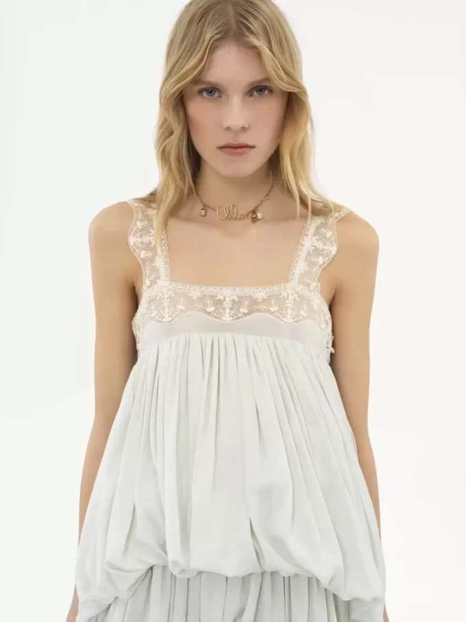 High-low ruffled dress in silk habotai & lace