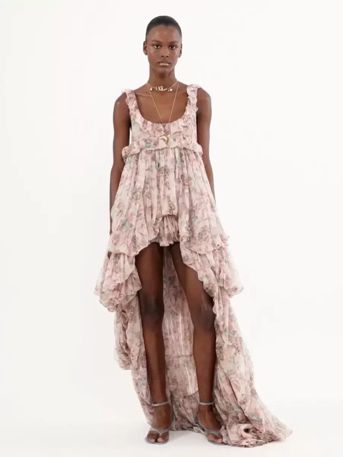 High-low ruffled dress in silk mousseline